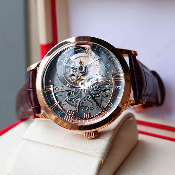 

oblvlo casual mens skeleton dial calfskin leather band rose gold automatic watches for men montre homme vm 1, Slivery;brown