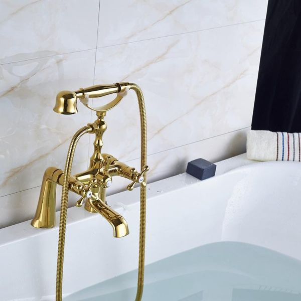 

vanity deck mounted dual handles shower faucet tub mixer tap solid brass golden bathroom sets