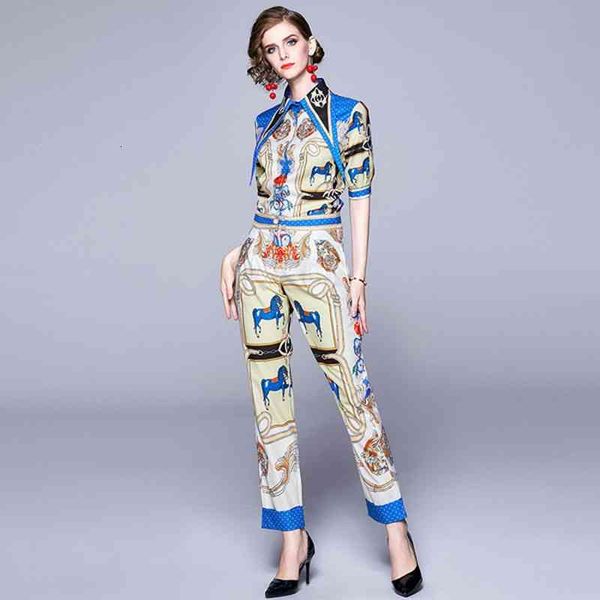 

women's two piece pants fashion runway designer suit summer long sleeve turn down collar print shirt + hight waist pencil 2 sets xwr1, White