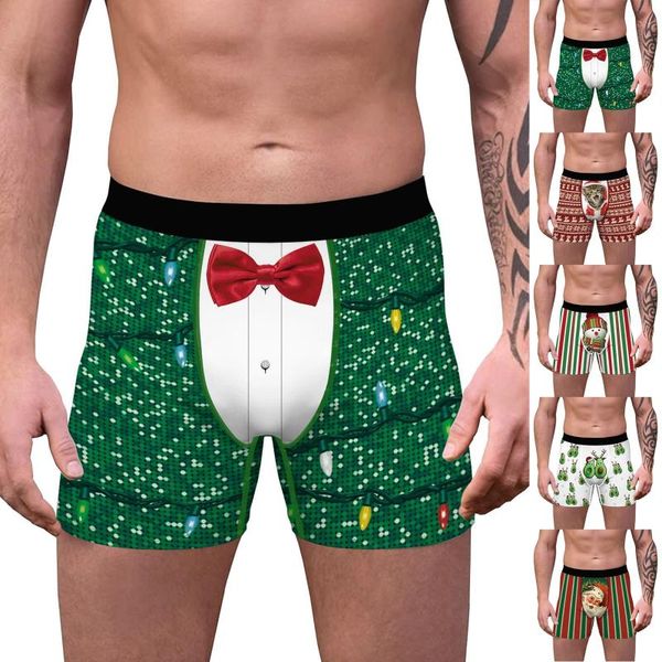 

underpants 2022 funny 3d print christmas boxer men tree santa claus snowman animal costume underwear shorts, Black;white