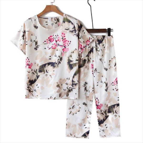 

2pcs pajamas set summer womens sleepwears silky satin pijamas de mujer floral printing plus size 4xl, Black;red