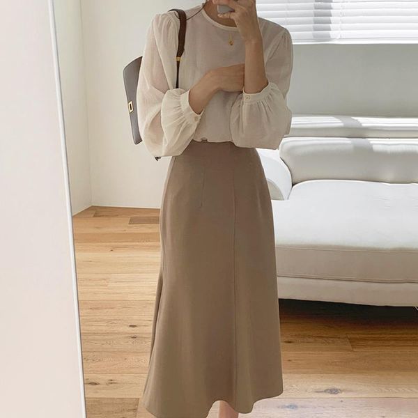 

women's blouses & shirts simple o neck loose elegant blouse women puff sleeve office ladies autumn 2021 woman all match soft white blus