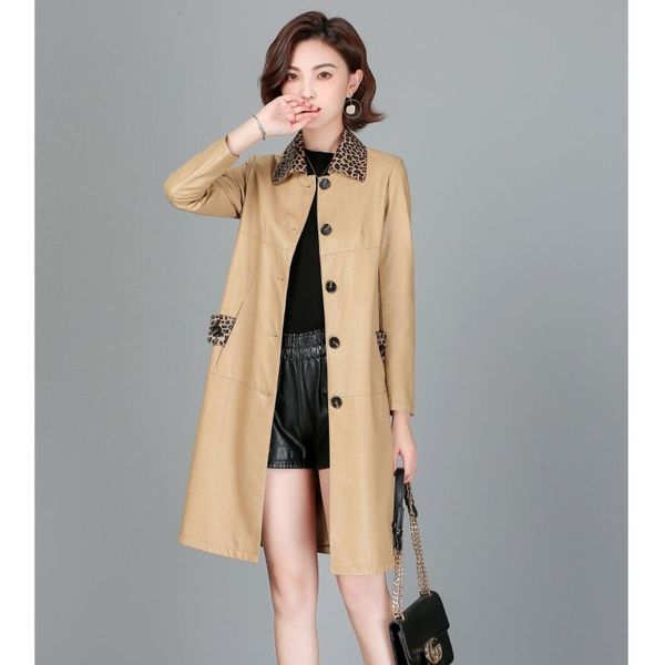 

women's jackets medium and long leather fashion leopard stitching lapel coat 2021 autumn temperament slim, Black;brown