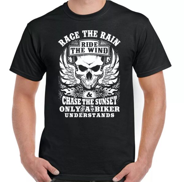 

t-shirt motorcycle biker who moto bike man skull race the wind funny, White;black