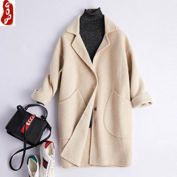 

winter coat female fashion wool women clothes 2021 elegant woolen long jacket casual cashmere casaco feminino 800044 women's & blends, Black