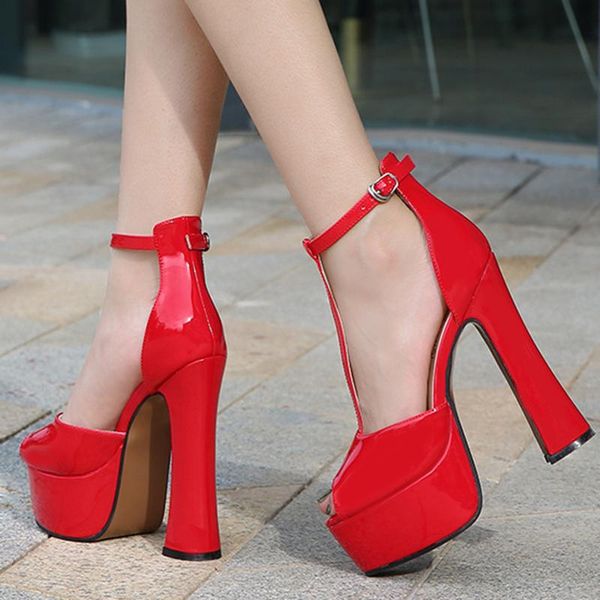 

sandals style strap high-heeled thick-heeled open-toe buckle platform female tide plus size model shoes, Black