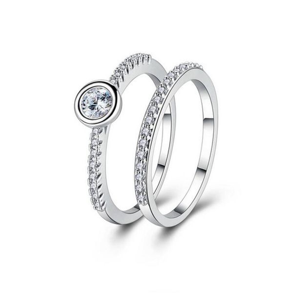 

women wedding jewelry crystal rings set for ladies fashion lover sliver color cubic zirconia ring female party 2pcs/lot, Slivery;golden