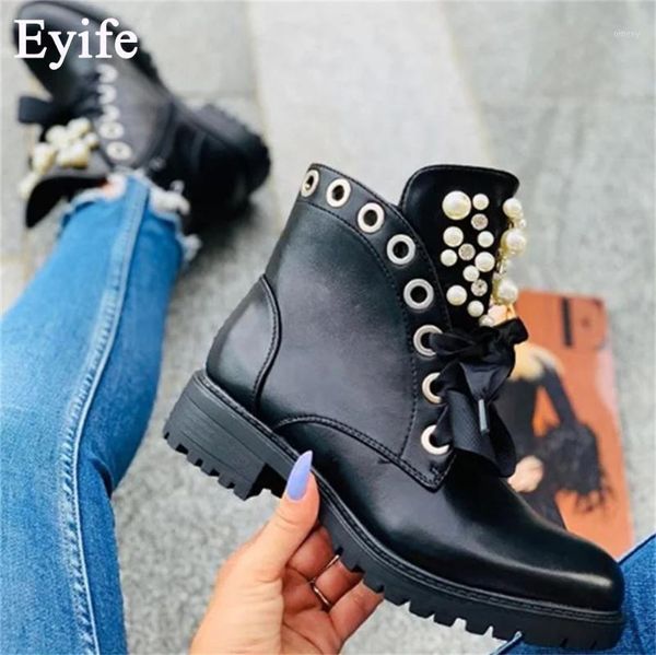 

boots ankle 2021 winter artificial leather women fashion flat shoes lace up pearl waterproof large size british style1, Black