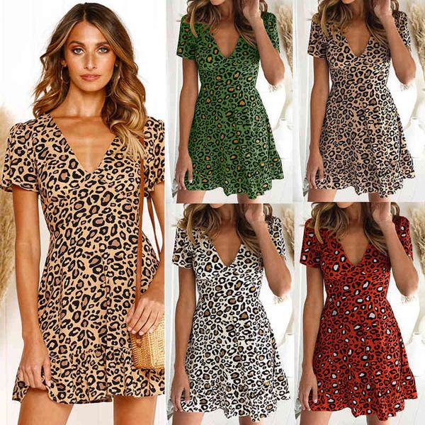 

women's clothing dresses dress summer 2021 feminine v-neck high waist short sleeve leopard print skirt, Black;gray