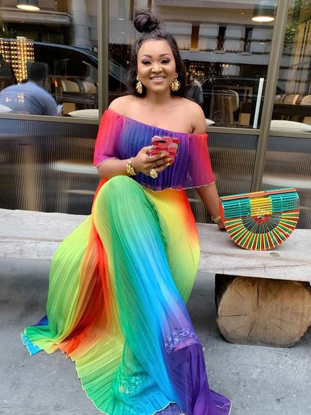 

ethnic clothing 2021 arrival african dress off shoulder pleated colorful print fashion women chiffon high waist maxi dresses, Red
