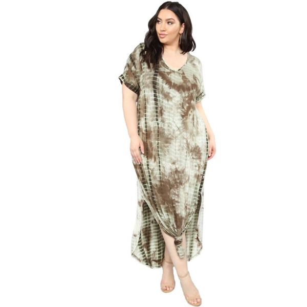 

plus size dresses summer casual loose dress women elegant v neck robe fashion spilt short sleeve maxi tie dye vestidos 5xl, Black