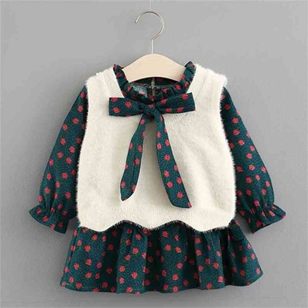 

baby dress set new spring infant clothing cute kids child princess bowknot flora dress+fur vest suits for girls 0-4 years 210414, Red;yellow