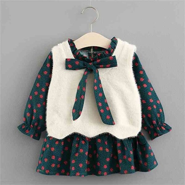 Vestito da bambino Set Nuova primavera Abbigliamento infantile Cute Kids Bambino Principessa Bowknot Flora Dress + Gilet di pelliccia Abiti per ragazze 0-4 anni 210414