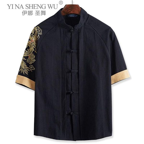 Abbigliamento etnico Tang Suit Top manica corta 9XL Tradizionale cinese stile retrò ricamo drago maschio Camicie taglie forti per uomo