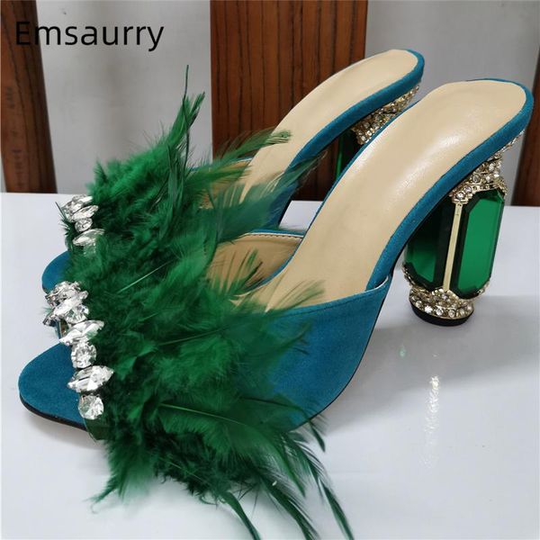 

slippers jeweled crystal feather high heel women luxury rhinestone diamond peep toe suede shoes woman zapatos de mujer, Black
