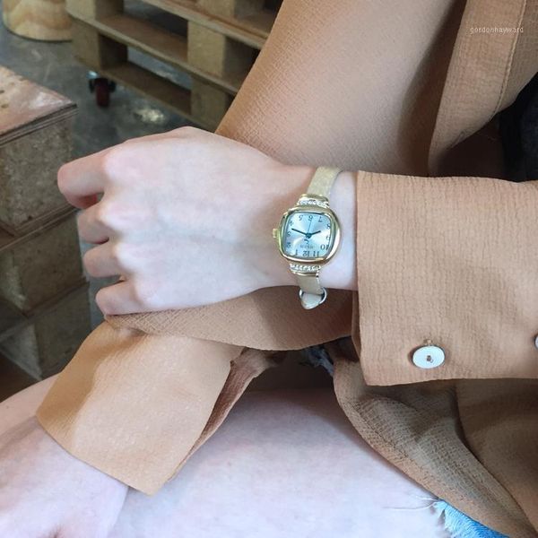 

wristwatches simple retro square thin belt coffee leather small dial quartz lady watch, Slivery;brown