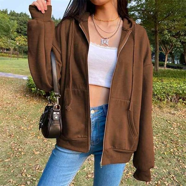 

biggorange oversize hoodie brown zip up sweatshirt summer jacket clothes plus size vintage pockets long sleeve pullovers 210813, Black