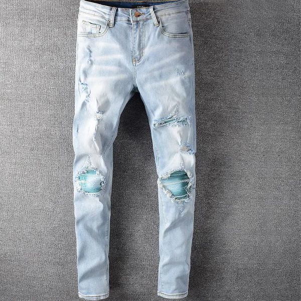 

Light Blue Ripped Patch Jeans Young Men Stretch Slim Pants Slim High Street Jeans