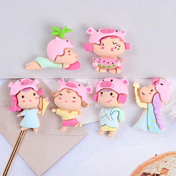 20Pcs Harz Komponenten Cartoon Schwein Kappe Mädchen Cabochon Scrapbooking Papier DIY Handwerk Telefon Shell Decor Haar Brosche Kinder Spielzeug ornament