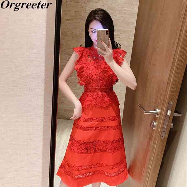 

summer red lace patchwork party dress retro water-soluble embroidery knee-length hollow out a-line 210525, Black;gray