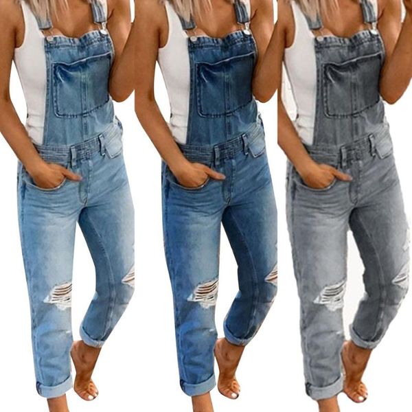 

women's pants & capris fashion hole suspender ripped backless loose casual wear pockets crimping leg opening trousers overalls, Black;white