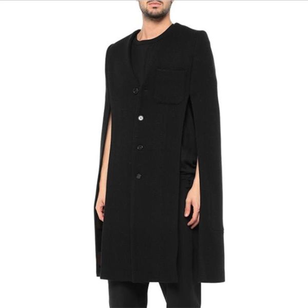 

men's wool & blends casual coat autumn and winter youth woolen cloak loose medium long, Black