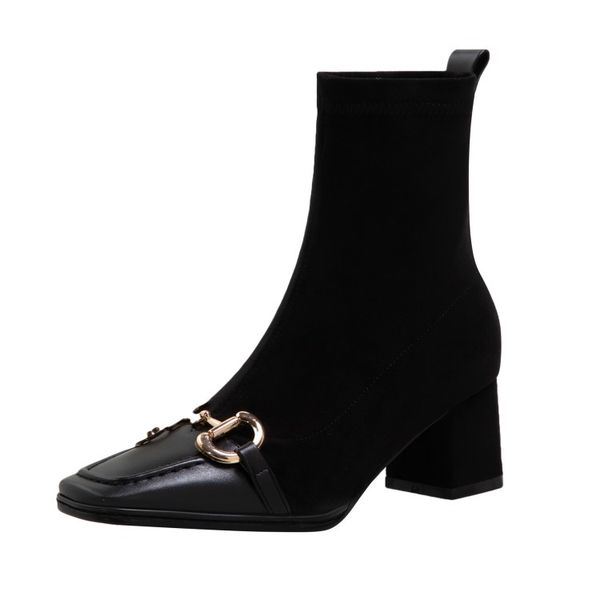

winter short boots women designer socks boots goat suede natural genuine leather buckle block square toes high heel lady warorwar brand ygn0, Black