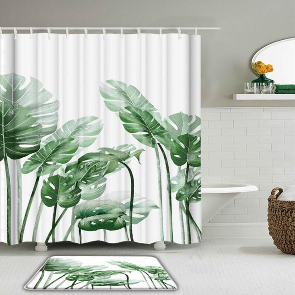 

shower curtains 2pcs/set green plant leaves leaf bathroom curtain set waterproof fabric with hooks non-slip rug toilet bath mat