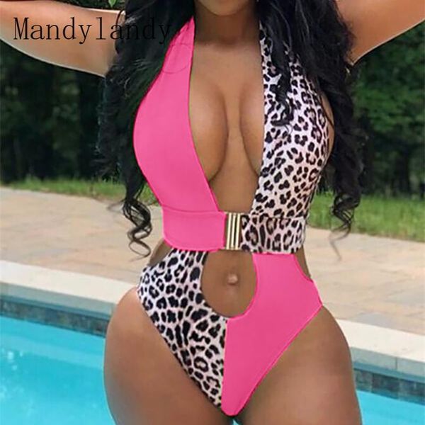 

women's swimwear mandylandy women leopard patchwork skinny bodysuit lady elegant sleeveless v neck beachwear bikini, White;black