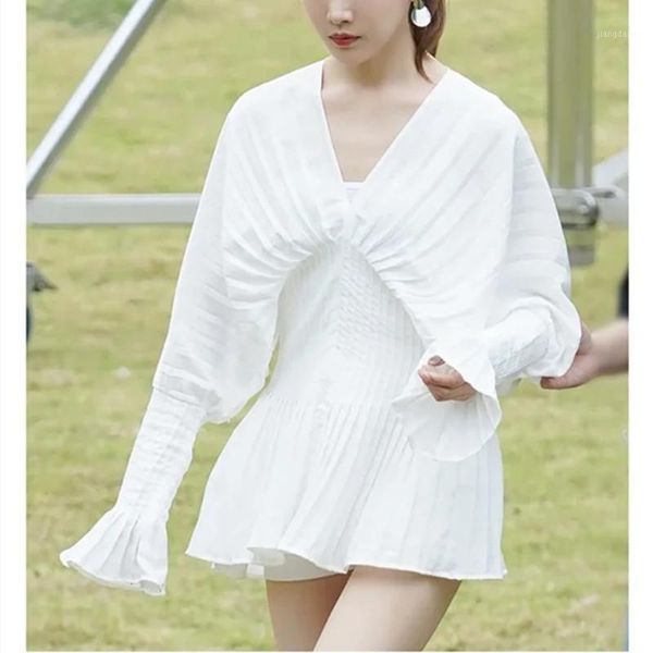 

v-neck women's pleated blouse flared sleeve slim waist lady shirt and fashion design blouses & shirts, White
