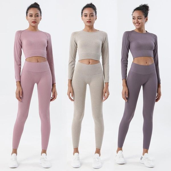 

seamless yoga suit sports set gym clothes fitness women long sleeve crop high waist leggings ribbed workout tracksuits outfit