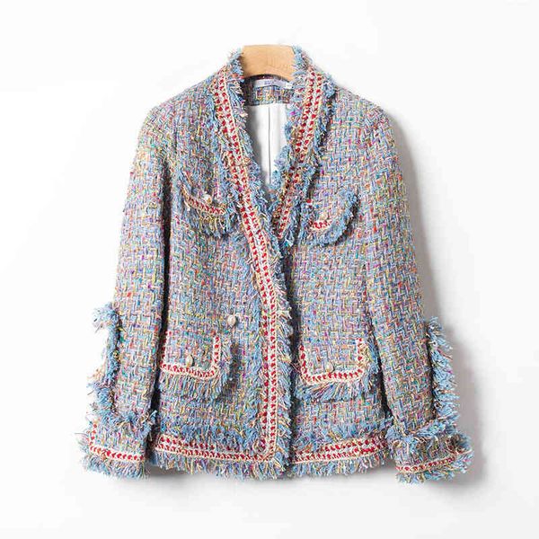 

jackets elegant colorful blue women pearl buttons tweed jacket fringe trims tassel jackets outerwear office lady ol formal v-neck coats, Black;brown