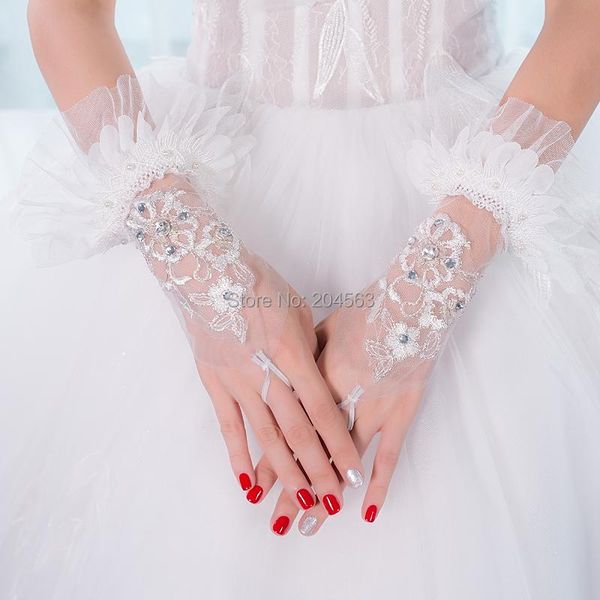 

bridal gloves short wedding party fingerless tulle wrist lace with crystals, White