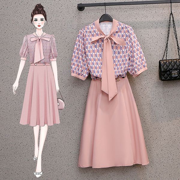 

temperament ol printted shirt skirt suits summer bow tie short sleeve chiffon with elastic waist a-line pink set 210525, White