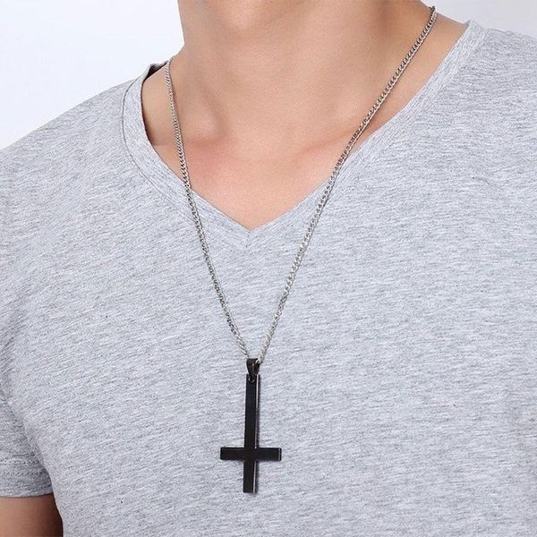 

chains dainty stainless steel upside down cross necklace for men inverted pendant with chain fashion jewelry 3 colors, Silver