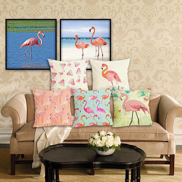 

cushion/decorative pillow 45x45cm flamingo series cotton linen cushion covers square single side print animal housse coussin for home decora