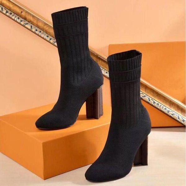 

high heel boots woman shoes in autumn and winter knitted elastic boots thick heel socks boots lady letter high heels large size 35-42, Black