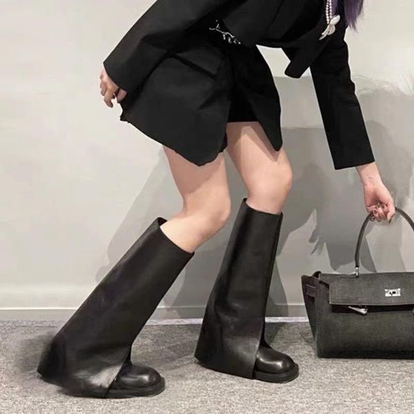 

boots designer soft leather women knee high pointed toe platform long botas de mujer wedges heels ladies casual party shoes, Black