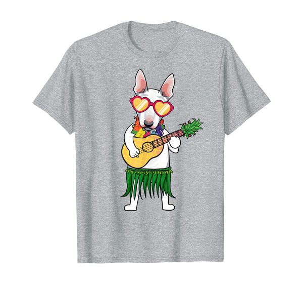 

bull terrier hawaiian costume playing ukulele summer shirt, White;black