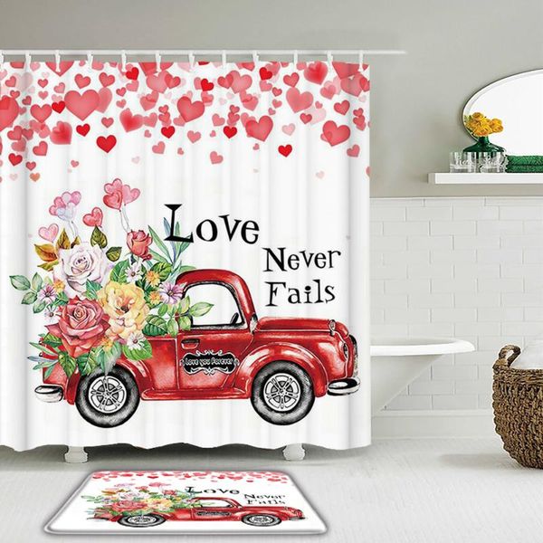 

shower curtains 2pcs/set love romantic pink rose flower curtain set bathroom waterproof fabric non-slip mat toilet