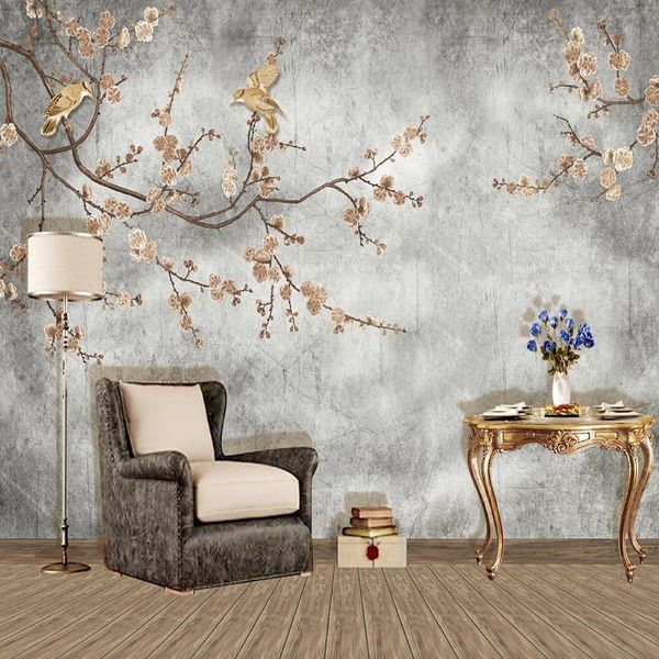 

wallpapers retro hand painted flowers and birds wallpaper 3d cement wall po mural living room tv sofa study papel de parede fresco