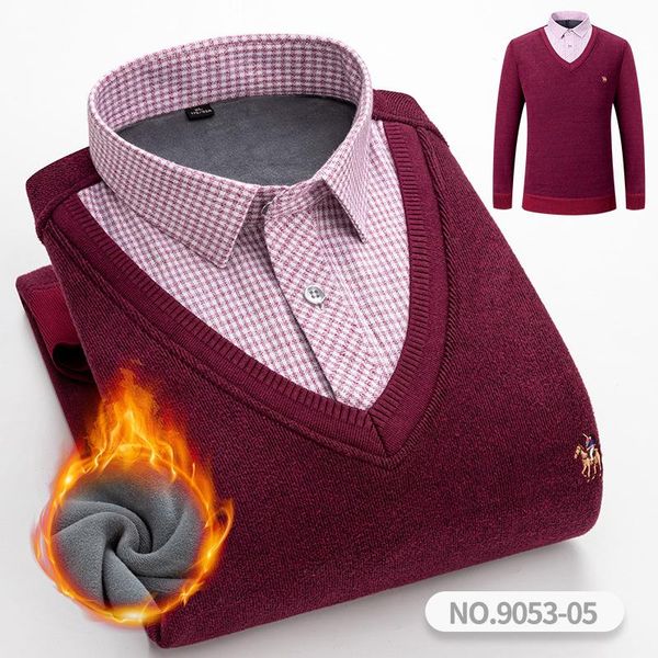 

men's sweaters autumn plus velvet padded sweater fake two with shirt collar male winter warmth embroidered slim knitted wear, White;black