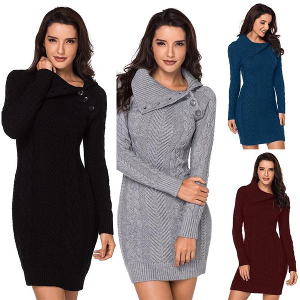 

casual dresses women's plain color lapel long sleeve ribbed knit sweater dress fashion maxi for womendress, Black;gray