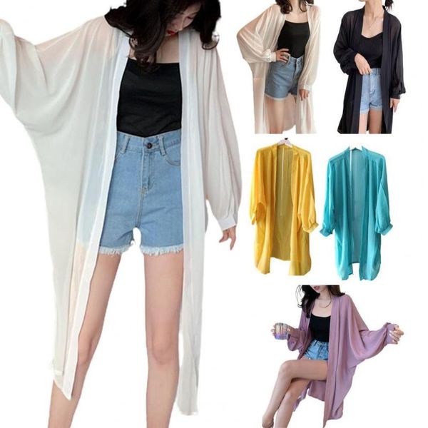 

women's swimwear women summer long batwing sleeve solid color anti sun thin cardigan midi coat, White;black