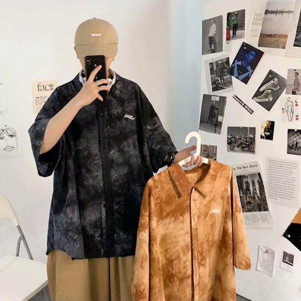 

summer short-sleeved shirt men's fashion retro printing casual men streetwear korean loose tie-dye shirts mens -2xl, White;black