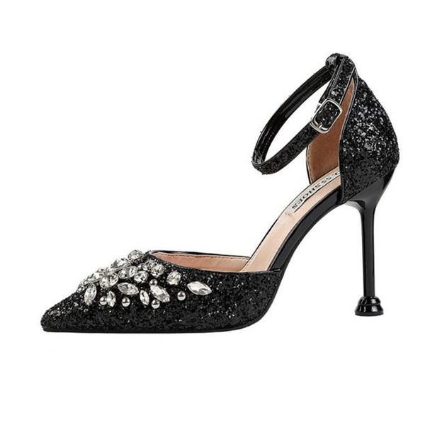 

dress shoes 2021 summer women sandals high thin heel pointed toe buckle bling crystal party bridal wedding gold heels, Black
