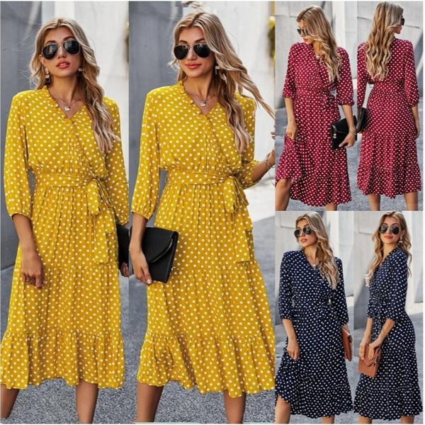 

women's clothing dresses 2021 summer dress wave dot print v-neck medium sleeve chiffon skirt, Black;gray