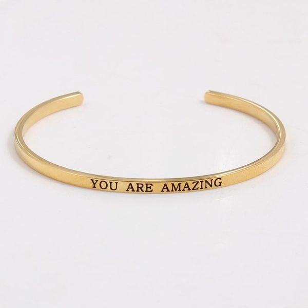 

bangle quotes you are amazing bracelets 316l stainless steel open cuff fashion women gold inspirational jewelry, Black