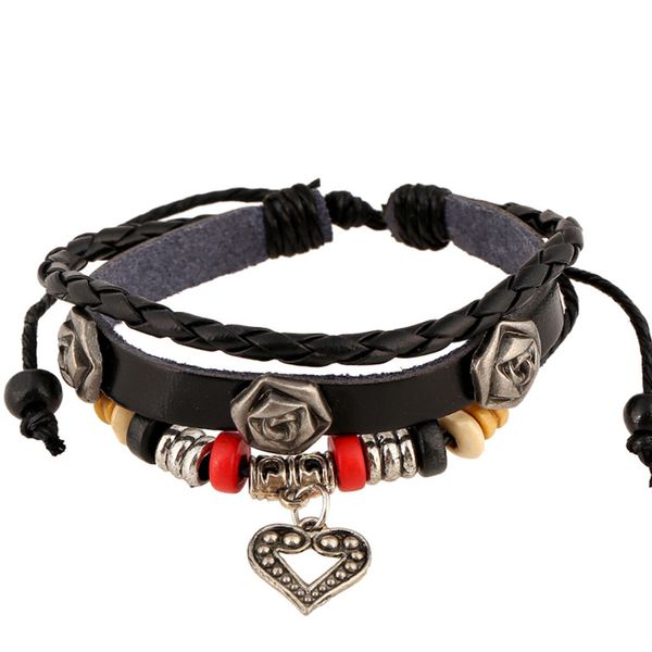 

bohemia multi strands handcraft beaded heart charm bracelets black genuine leather braided adjustable women bangles arm jewelry, Golden;silver