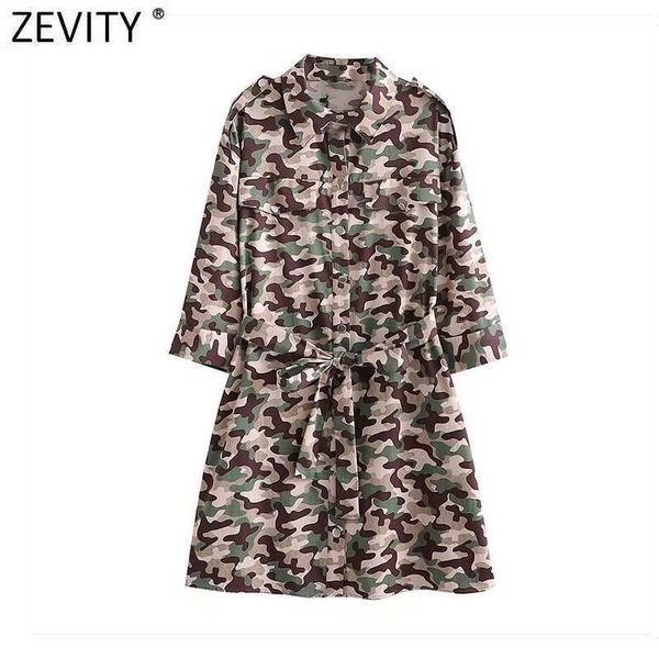 

zevity women vintage camouflage print breasted shirt dress female threee quarter sleeve sashes vestido chic retro dresses ds8386 210603, Black;gray